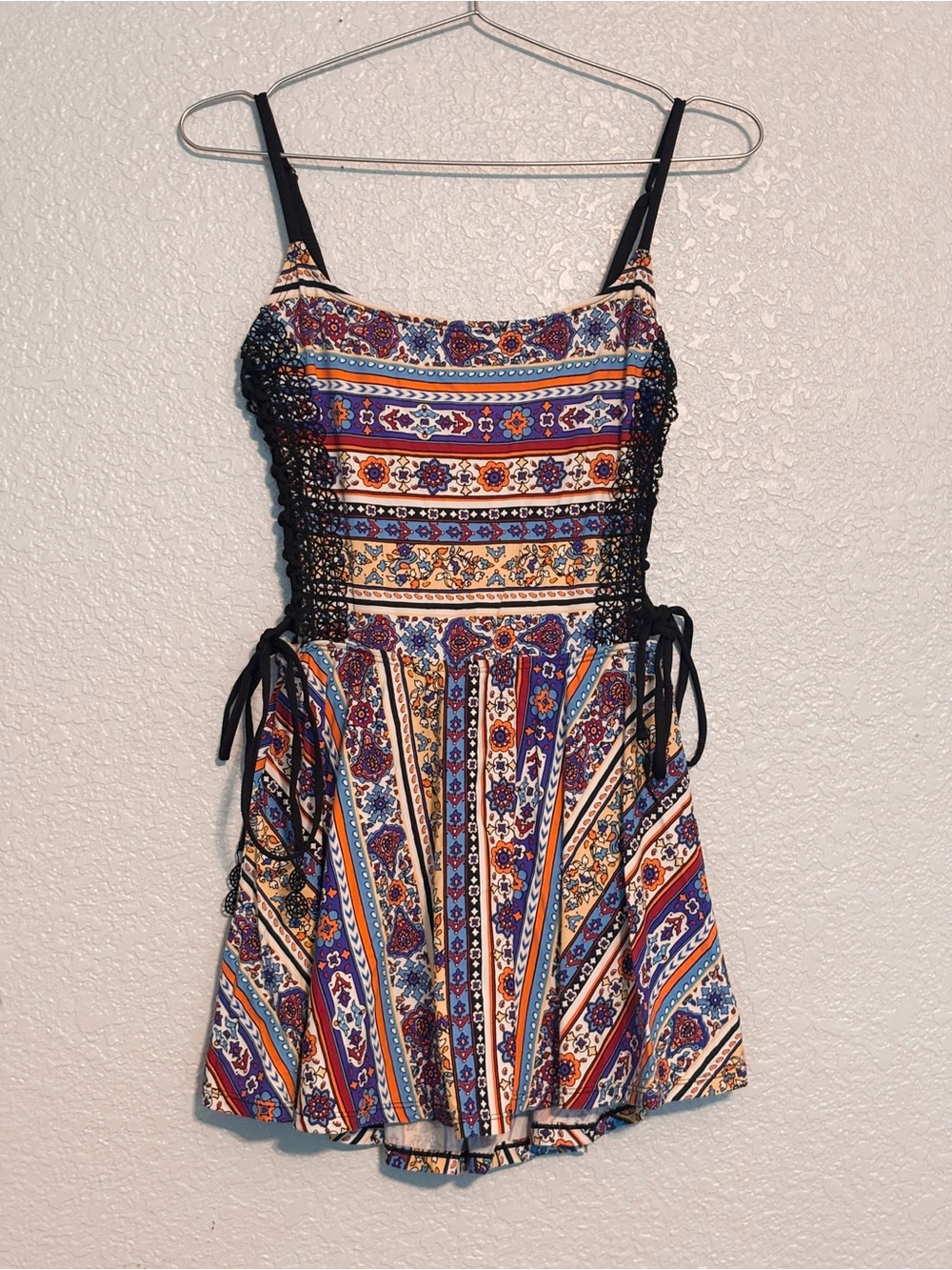 Anne Cole Multicolor Striped Floral Swim Mini Dress with Black Crochet Side